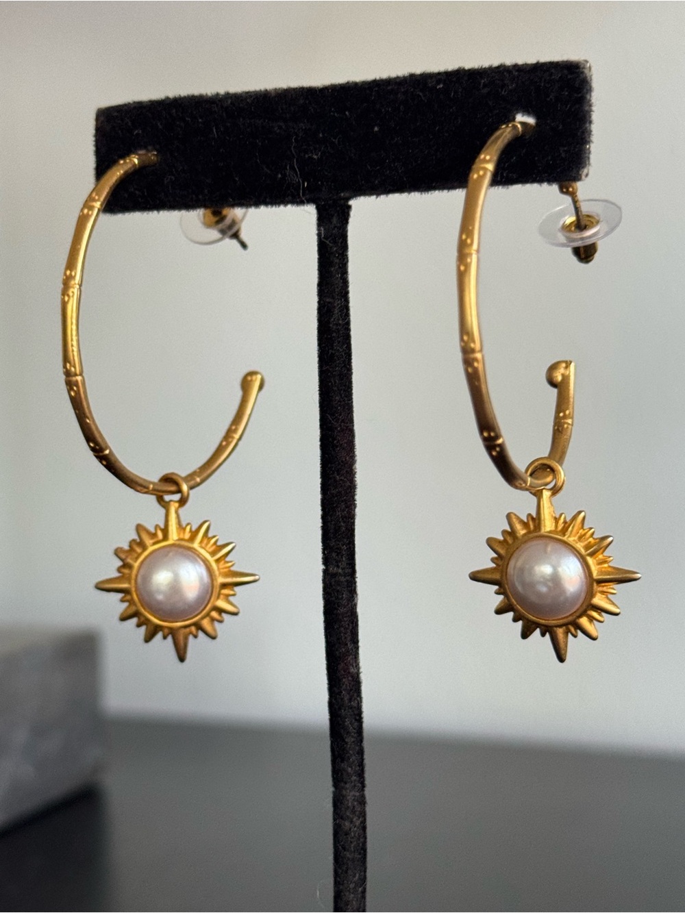 Gold Sunburst Pearl Drop Hoop Earrings - Women Jewelry